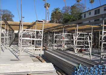 Multi-level structural shoring and formwork system on an active KIA Contractors job site